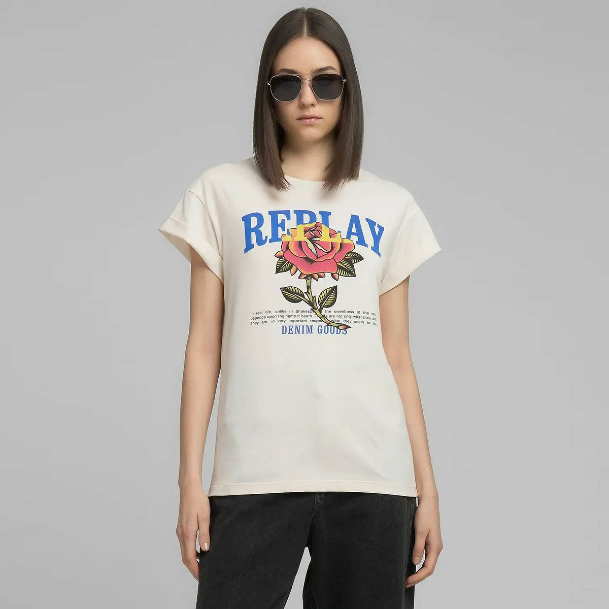 REPLAY ローズ アンド ロゴ プリント ジャージー Tシャツ